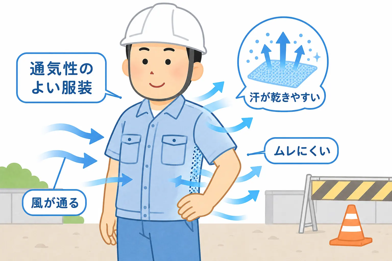 通気性のよい服装で風が通り、汗が乾きやすくムレにくいことを示す説明図