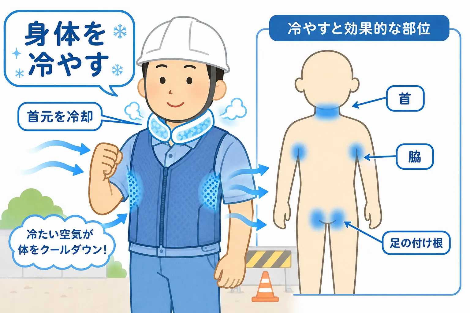 首元の保冷材や冷却ベストで、首・脇など効果的な部位を冷やす身体冷却の説明図